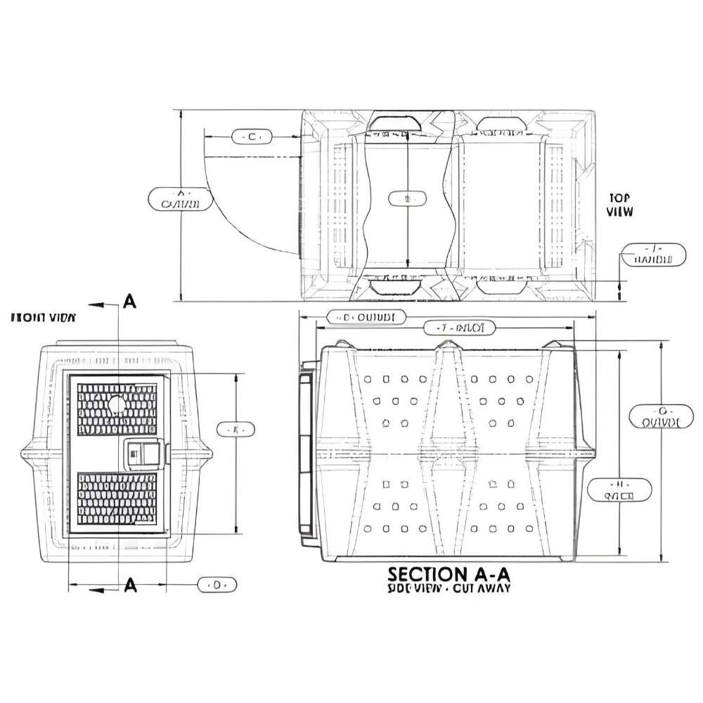 Top view diagram of the Dakota 283 Hero Kennel shows the interior layout, door position, and ventilation design