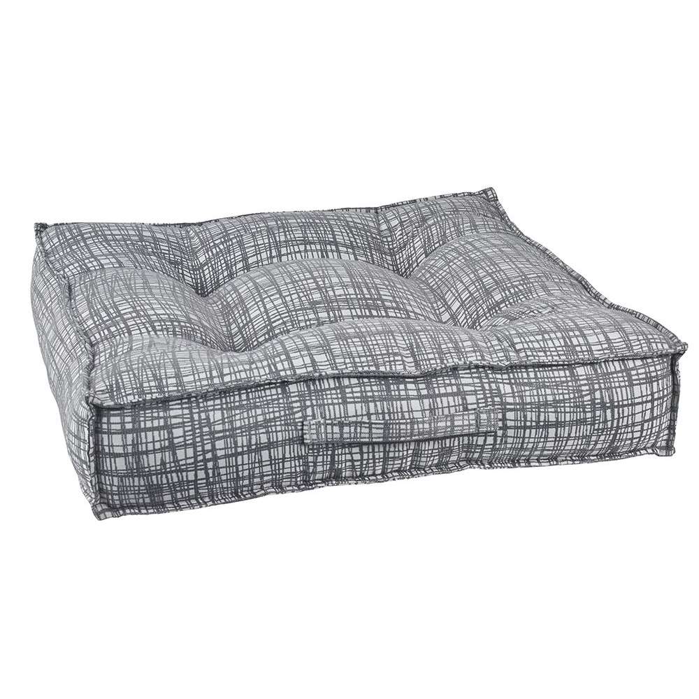 Tribeca Bowsers Piazza Dog Bed in gray crosshatch patterned fabric provides a modern look with plush padded comfort