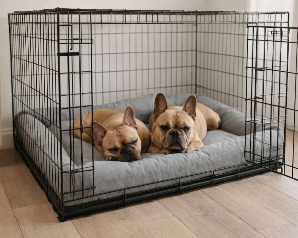 Two French bulldogs rest together inside a crate on the gray Bowsers Tango Multi Dog Bed with padded supportive edges