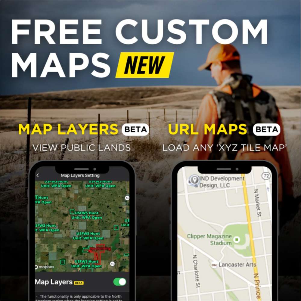 Two phones display custom map layers and location views, showing advanced mapping features of Dogtra GPS Pathfinder2 E-Collar 9 Mile Range