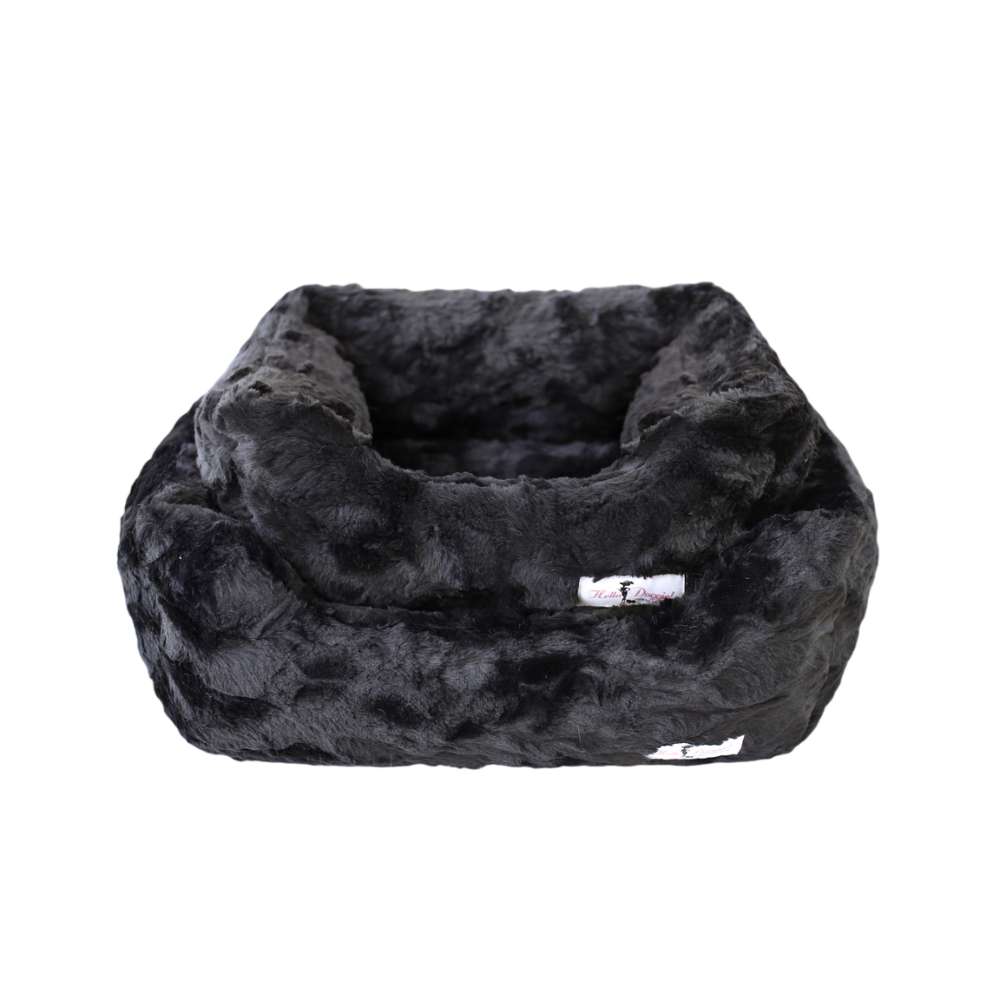 Two Hello Doggie Bella Dog Beds in black, showcasing small and large sizes, stacked together
