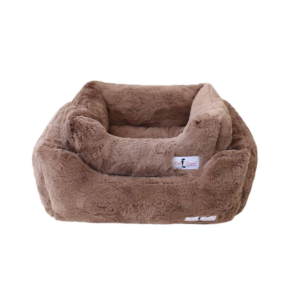 Two Hello Doggie Bella Dog Beds in mocha brown, showcasing small and large sizes, stacked together