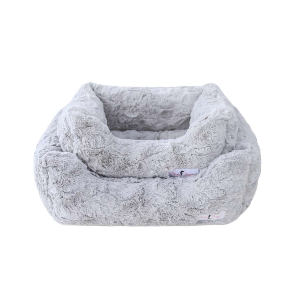 Two Hello Doggie Bella Dog Beds in silver, showcasing small and large sizes, stacked together