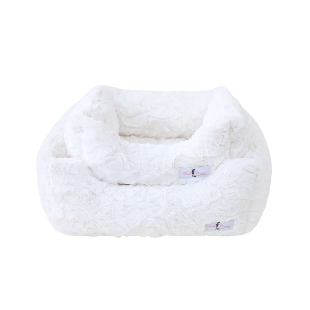 Two Hello Doggie Bella Dog Beds in vintage white, showcasing small and large sizes, stacked together