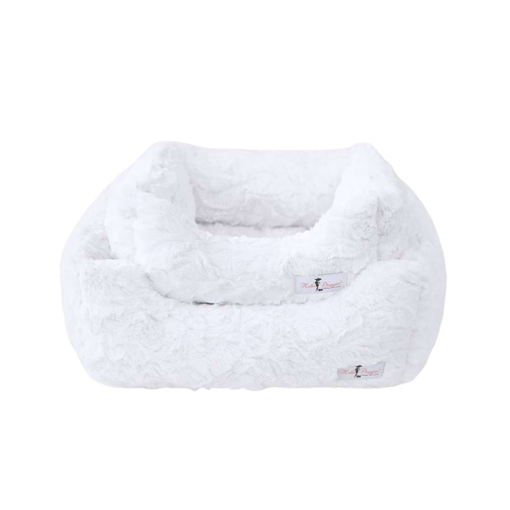 Two Hello Doggie Bella Dog Beds in white, showcasing small and large sizes, stacked together