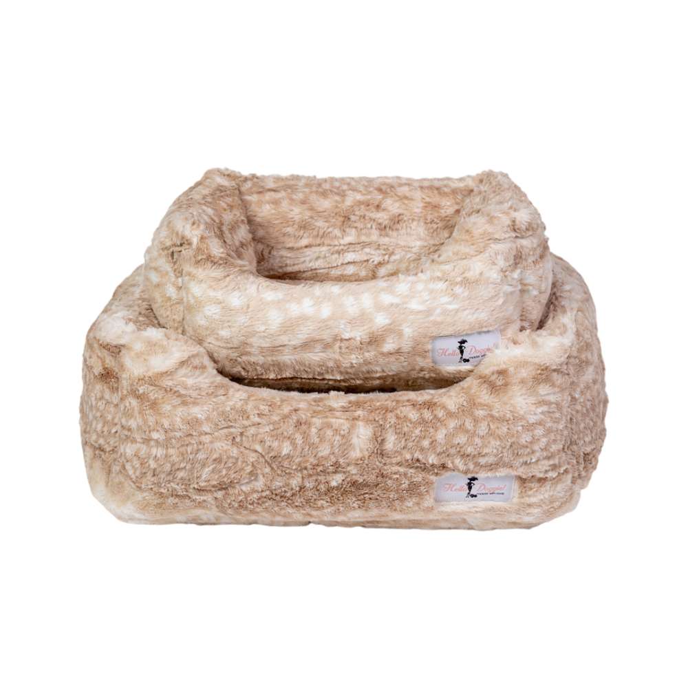 Two beige Hello Doggie Cashmere Dog Beds stacked together, showcasing a soft, fur-like texture and luxurious design