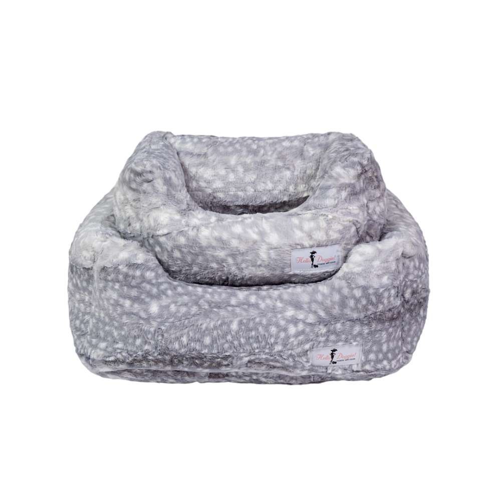 Two grey Hello Doggie Cashmere Dog Beds stacked together, showcasing a plush, fur-like texture and luxurious design