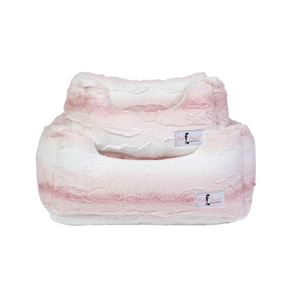 Two pink Hello Doggie Cashmere Dog Beds stacked together, featuring a soft, fur-like texture and luxurious design