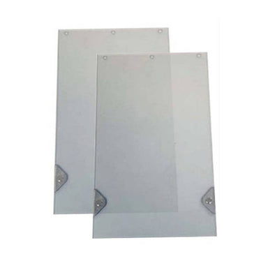 Two rectangular Security Boss Standard Replacement Flaps with a slightly opaque appearance, each featuring four holes along the top edge and reinforced metal corners at the bottom