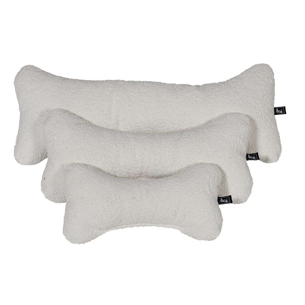 Vanilla Bowsers Bumper Bone Pillow cream-colored plush bone dog pillows displayed together in three different sizes