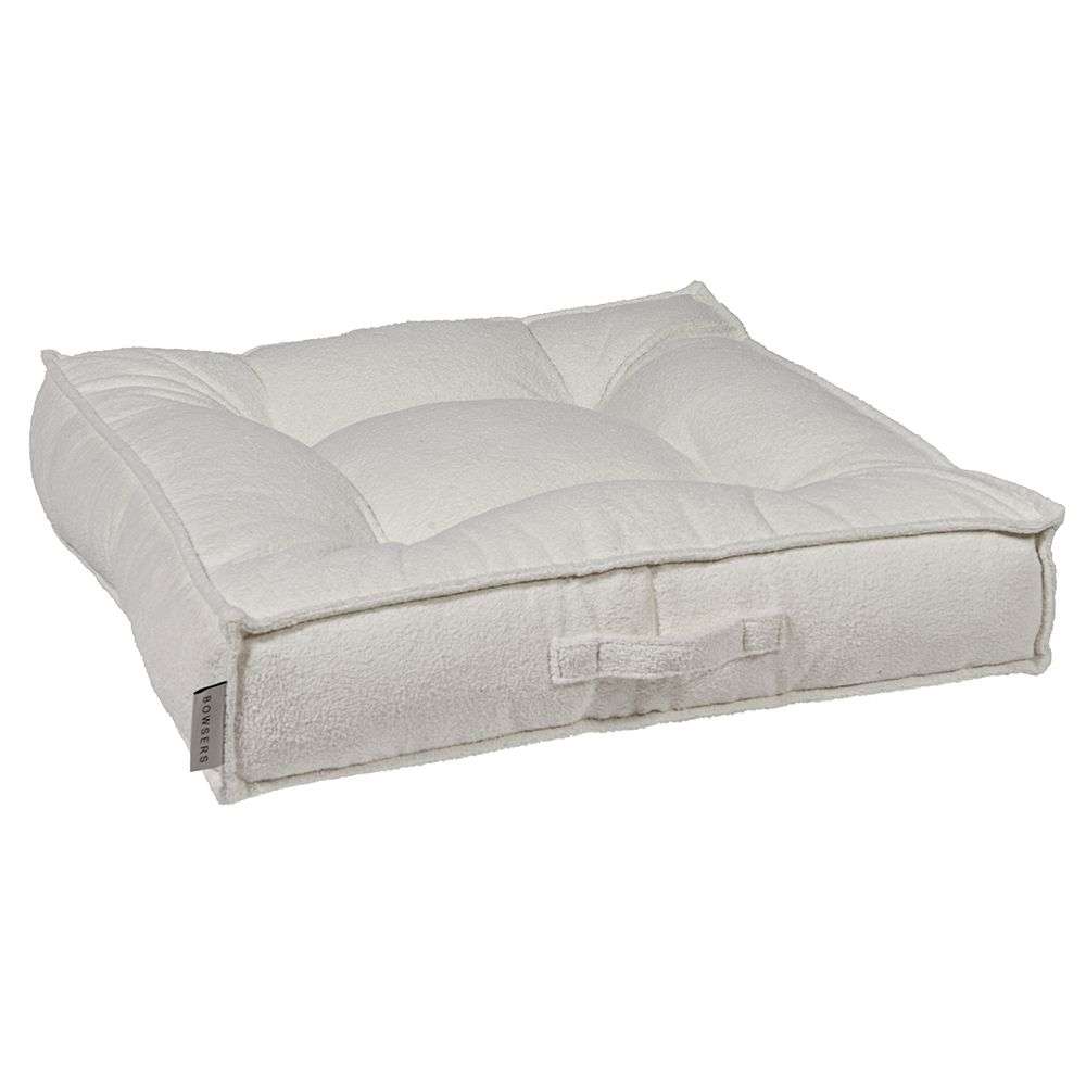 Vanilla Bowsers Piazza Dog Bed in creamy white plush fabric offers a soft tufted center with cozy raised edges