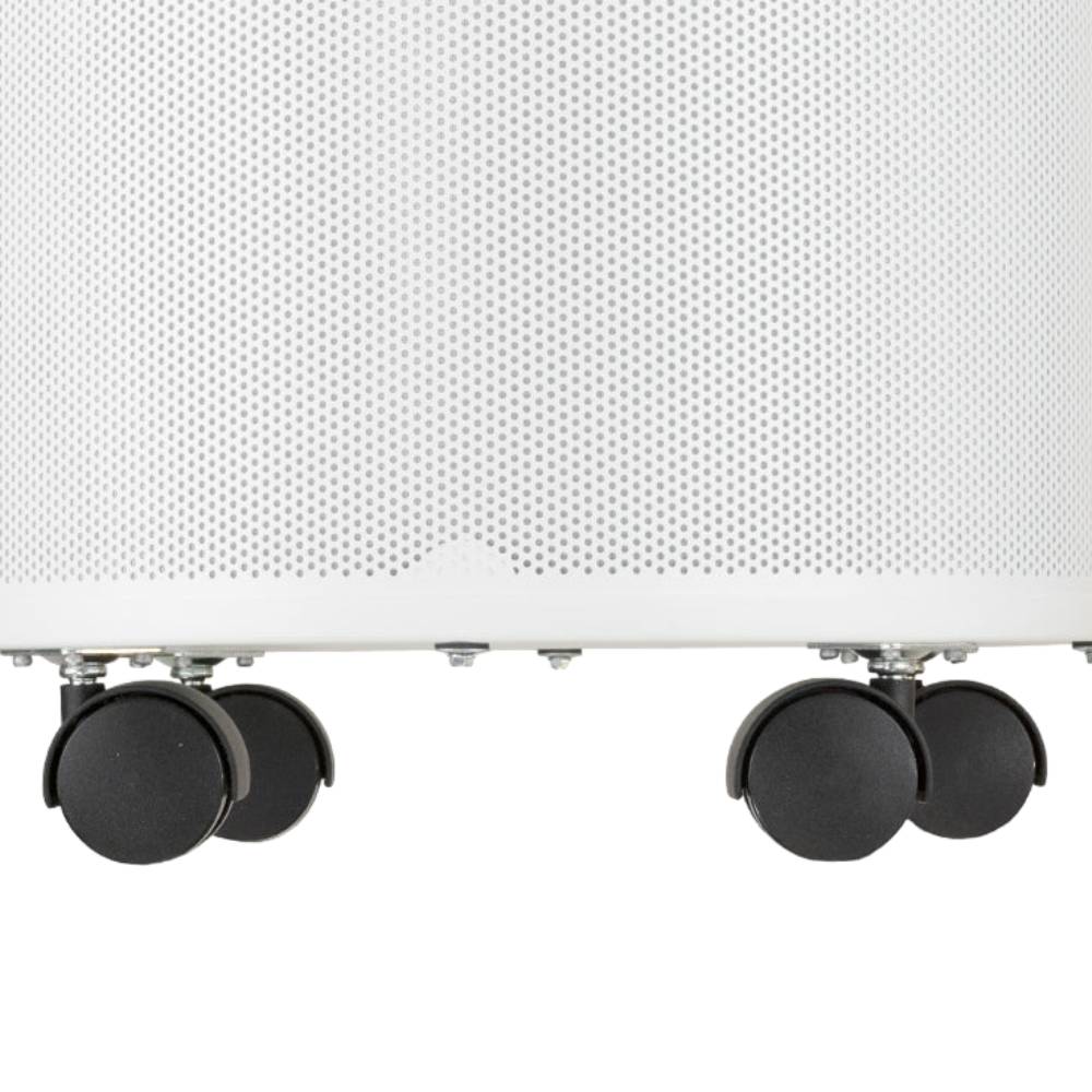 Wheels of a white cylindrical air purifier, emphasizing the mobility of the Airpura P714 - Germs, Mold, and Chemicals Reduction Air Purifier