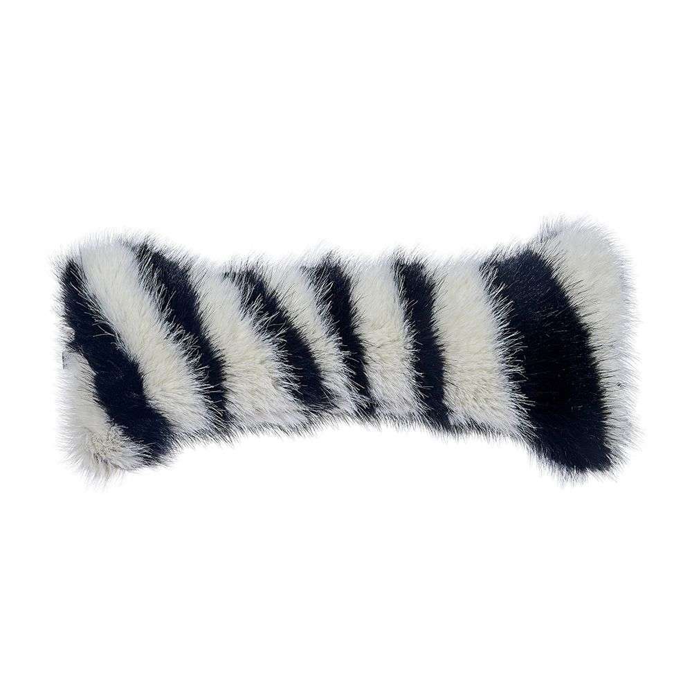White Bengal Bowsers Bumper Bone Pillow black-and-white striped faux fur bone-shaped dog toy displayed horizontally