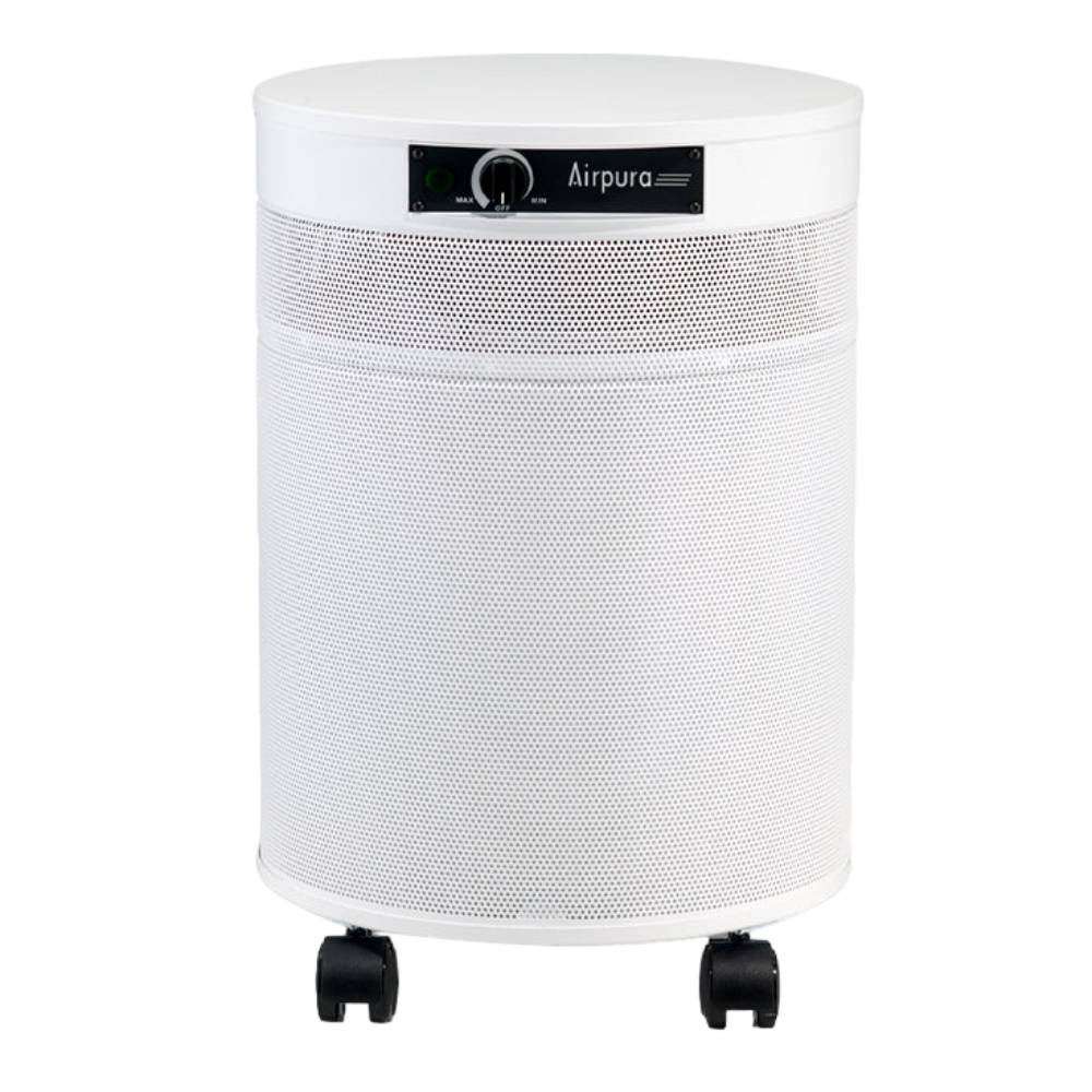 White Airpura F600 - Formaldehyde, VOCs, and Particles Air Purifier showcases its cylindrical body on wheels