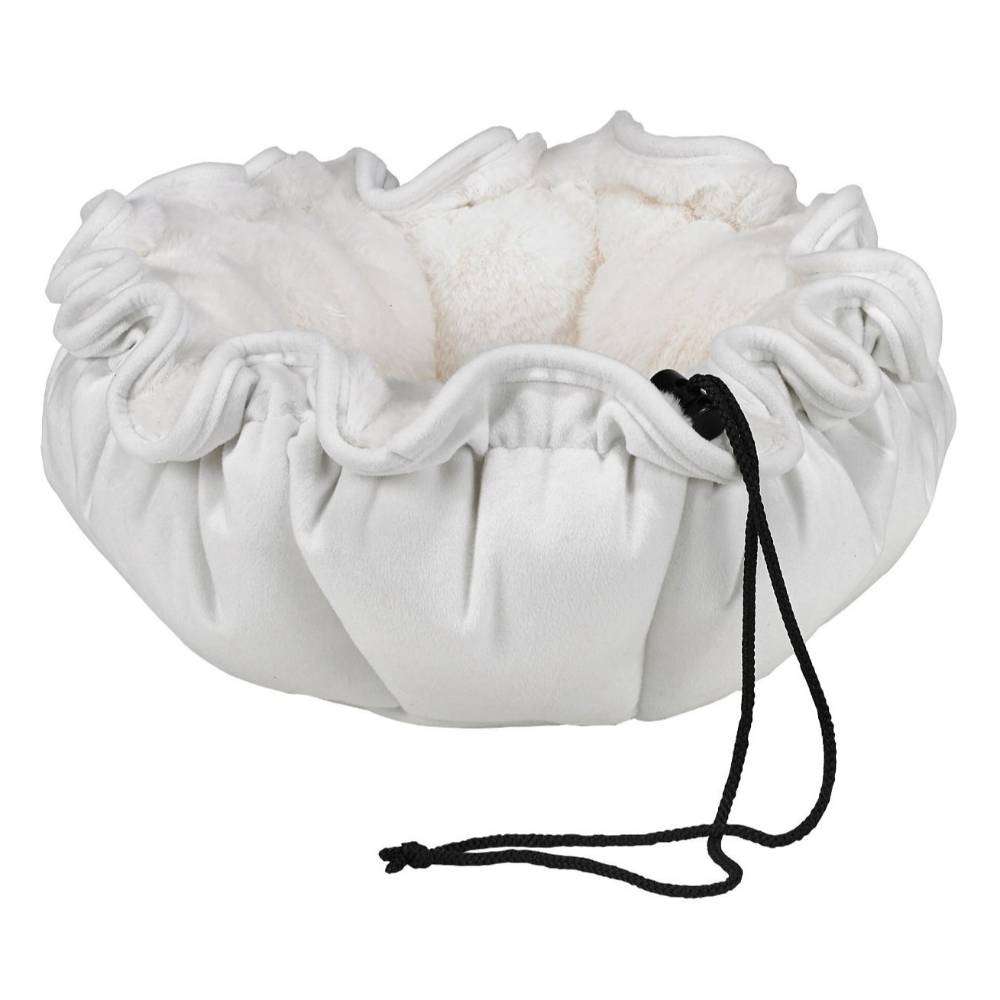 Winter White Bowsers Buttercup Dog Bed in bright white plush fabric with soft cushioned sides and black drawstrings