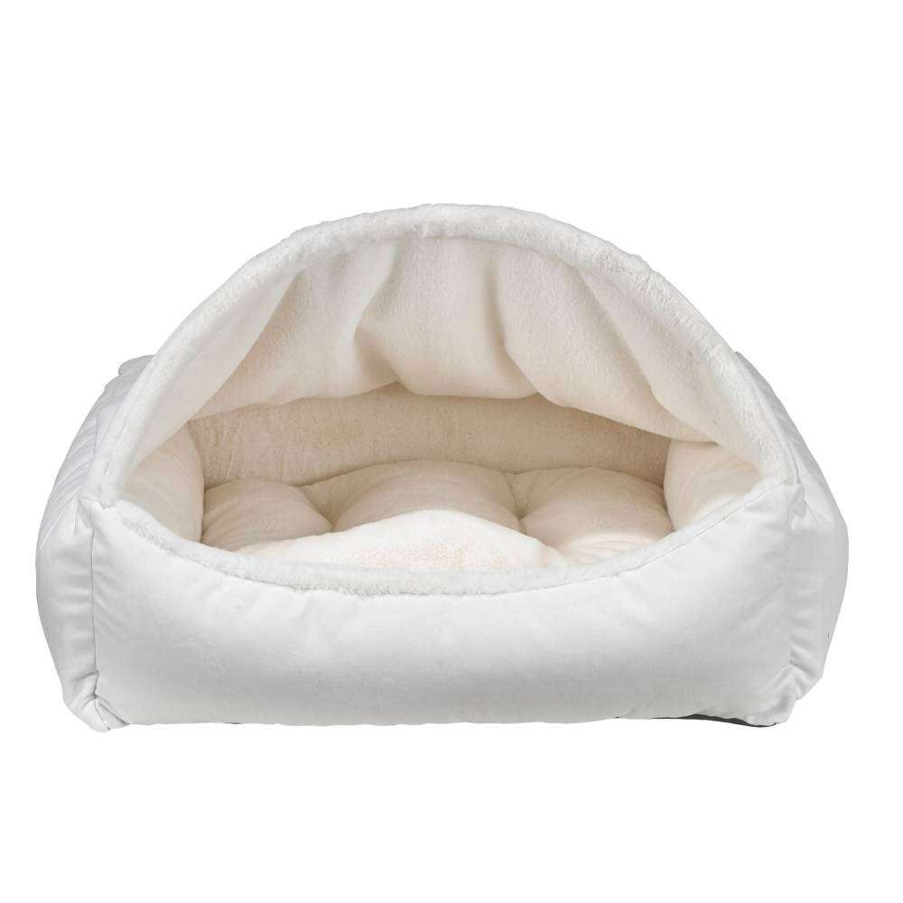 Winter White Bowsers Canopy Dog Bed in white features a plush arched canopy and soft cushioned base