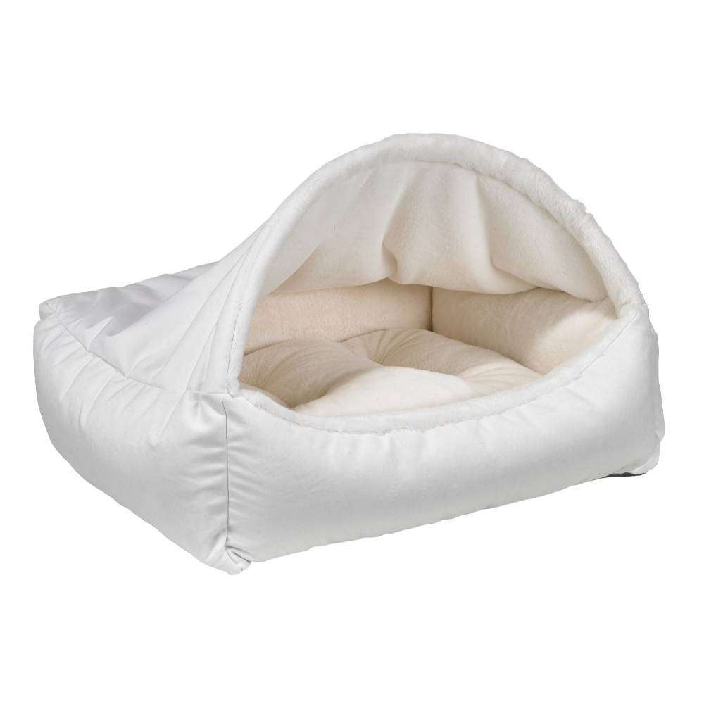 Winter White Bowsers Canopy Dog Bed in white shows an angled view of the cozy plush interior and covered sleeping area