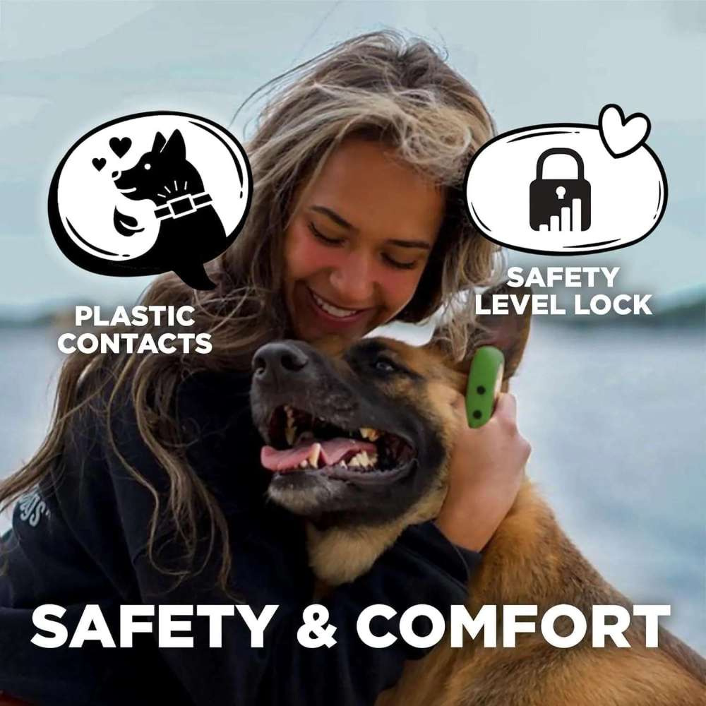 Woman hugs her happy dog wearing Dogtra CUE 400 Yard Dog Remote Trainer, highlighting its safety lock and comfortable plastic contact points