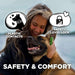 Woman hugs her happy dog wearing Dogtra CUE 400 Yard Dog Remote Trainer, highlighting its safety lock and comfortable plastic contact points