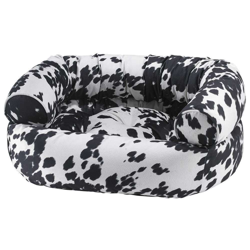 Wrangler Bowsers Double Donut Bed in black-and-white spotted fabric with a soft tufted center and thick supportive sides