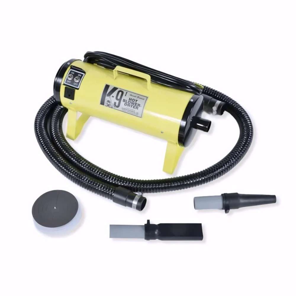 Yellow K-9 I Dog Dryer with a long black hose and detachable grooming nozzles is positioned on a clean white background
