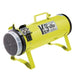 Yellow K-9 II Dog Dryer features a bright yellow metal body with a front filter and elevated support legs for stability