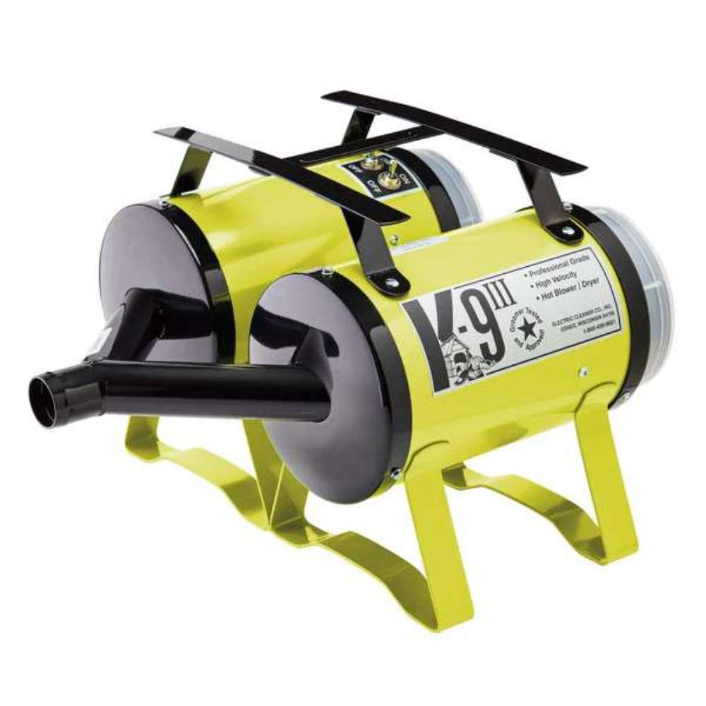 Yellow K-9 III Dog Dryer features a bright yellow metal body, front air nozzle, and raised support legs for stable grooming use