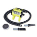 Yellow K-9 Mini Dog Dryer is a bright yellow portable pet dryer with a coiled hose and nozzle accessories for grooming pets