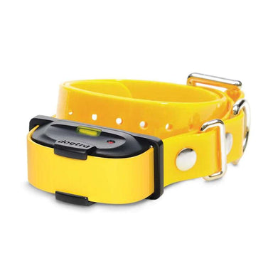 Yellow adjustable dog collar with compact black module, Dogtra iQ Mini Additional Receiver, designed with durable strap and secure metal hardware