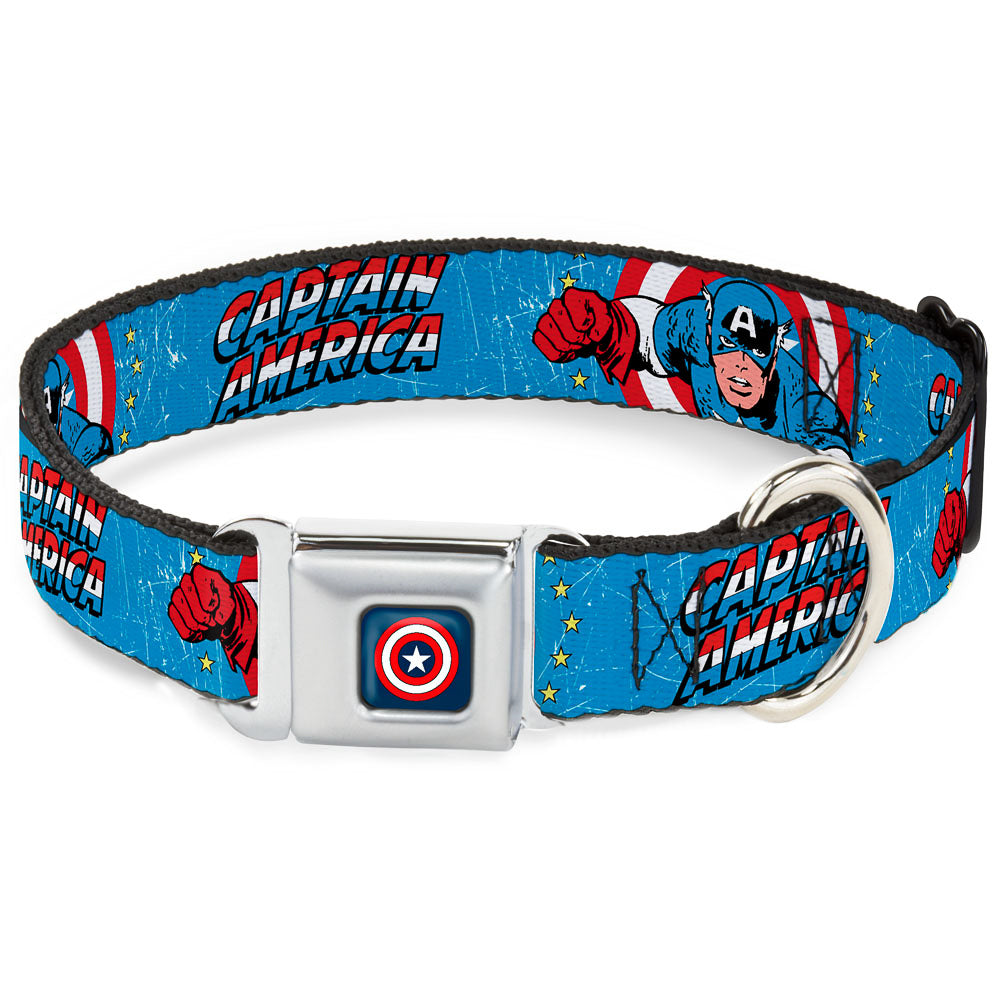 MARVEL COMICS Captain America Shield Full Color Navy Seatbelt Buckle Collar - CAPTAIN AMERICA w/Action Pose Weathered Blue