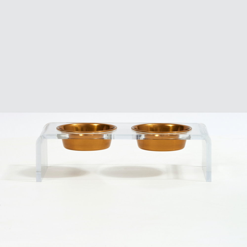 Hiddin Small Clear Double Dog Bowl Feeder With Silver Bowls