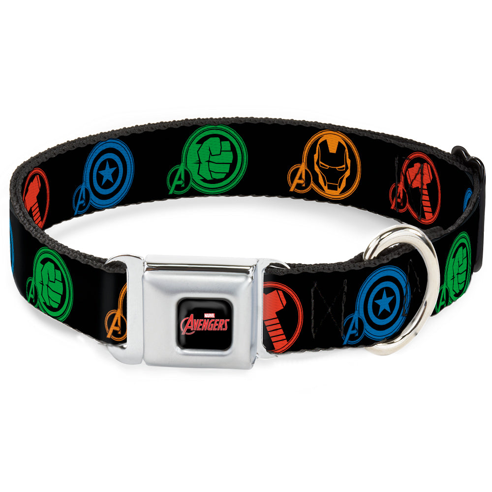 MARVEL AVENGERS Logo Full Color Black/Red/White Seatbelt Buckle Collar - Marvel Avengers Superhero Logos Black/Multi Color