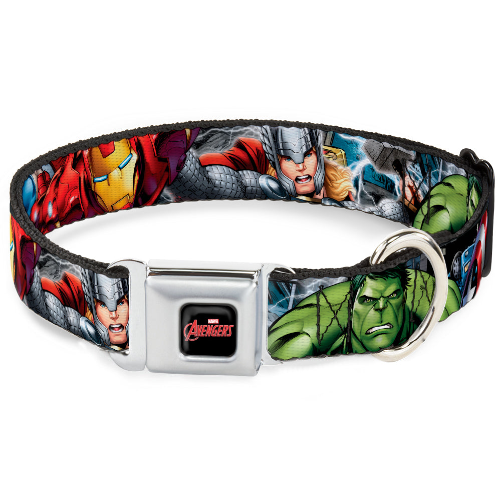 MARVEL AVENGERS Logo Full Color Black/Red/White Seatbelt Buckle Collar - Marvel Avengers 4-Superhero Poses CLOSE-UP