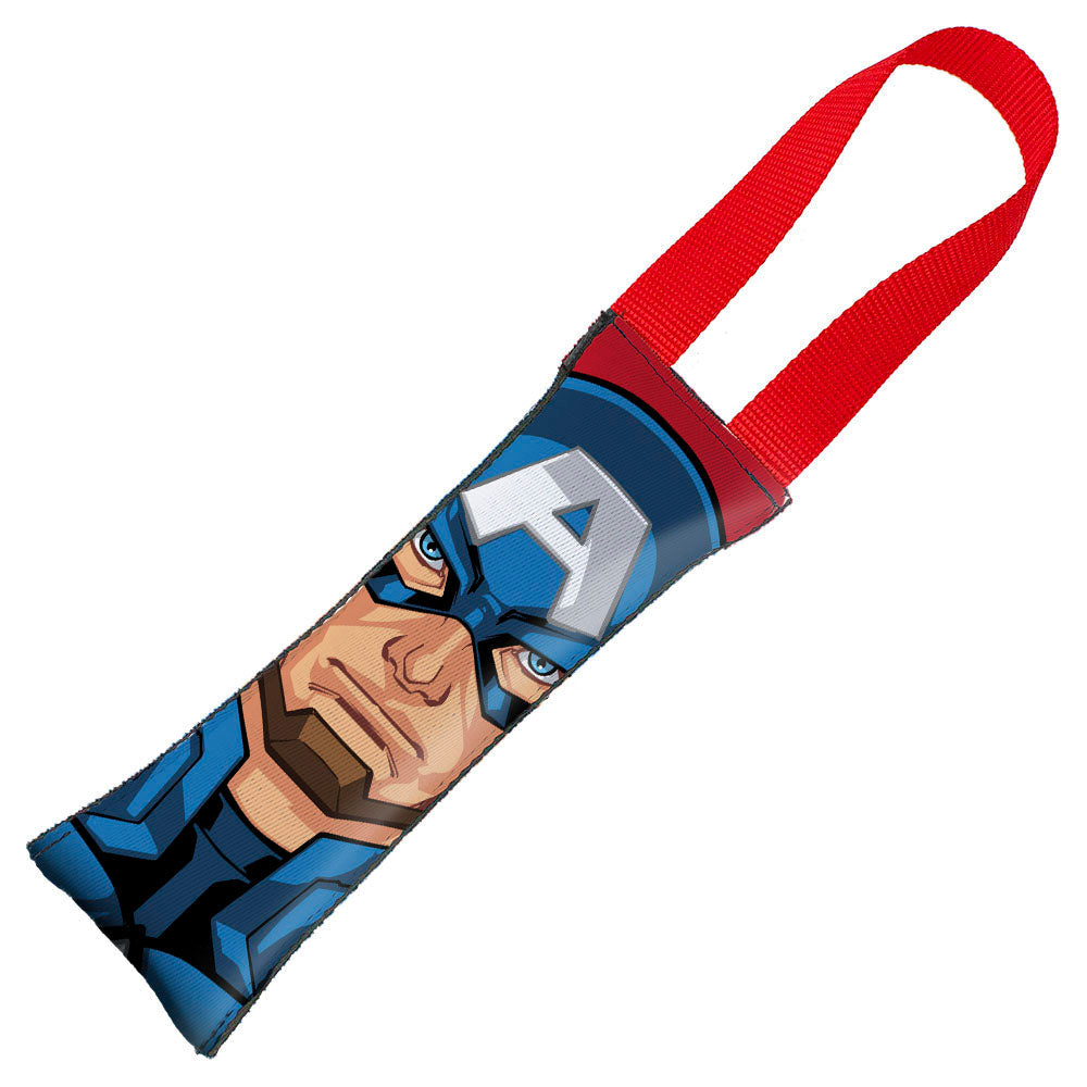 MARVEL AVENGERS Dog Toy Squeaky Tug Toy - Captain American Face + Shield Icon CLOSE-UP Red Red - Red Webbing