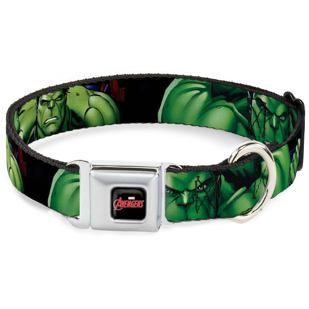 MARVEL AVENGERS Logo Full Color Black/Red/White Seatbelt Buckle Collar - Marvel Hulk CLOSE-UP Poses
