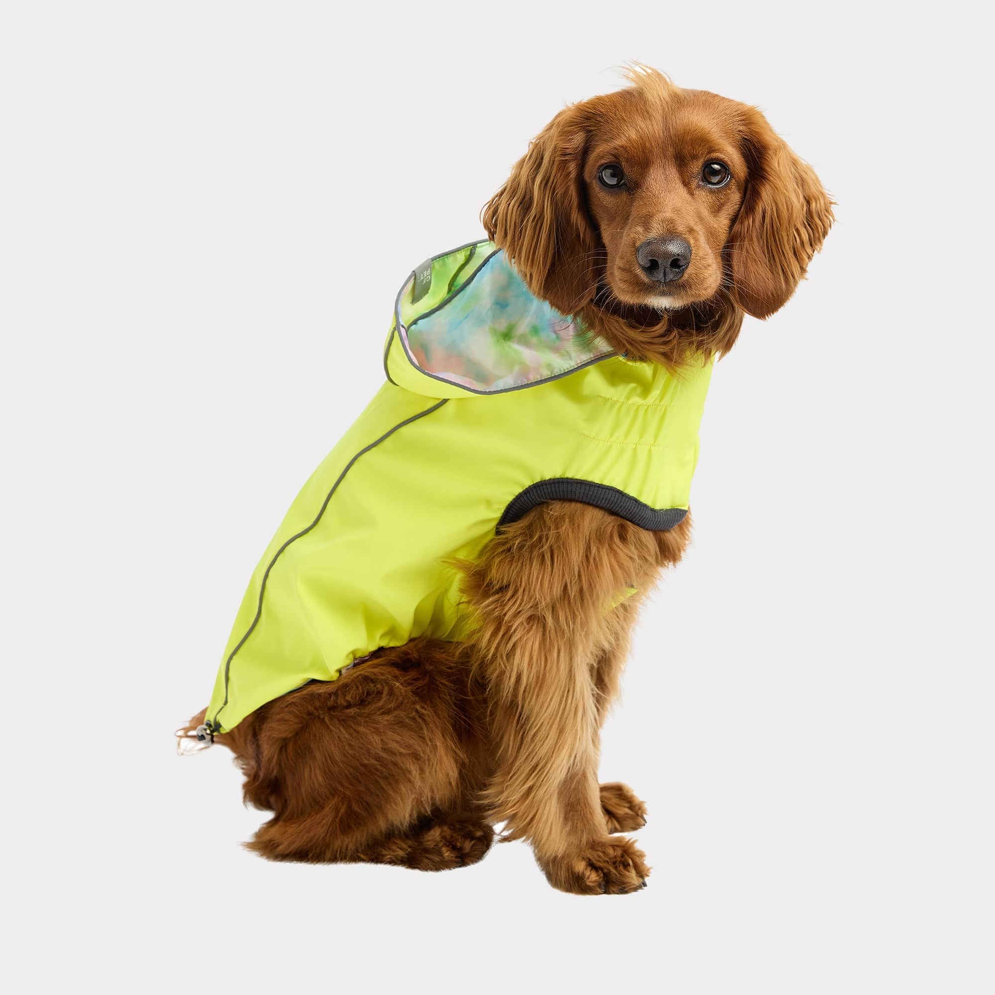 GF PET Dog Reversible Rain Coat Neon Yellow Back Bungee Cord Adjustment